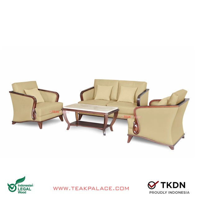 Sofa Kayu Jati Kulit Capucino Nusantara 211 Terbaru
