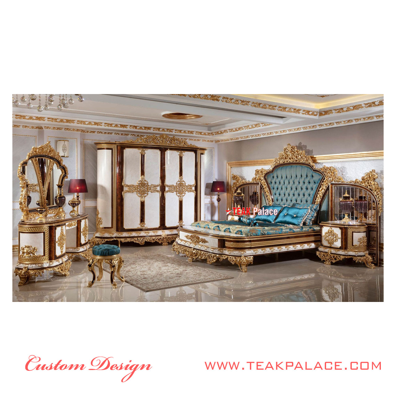 tempat tidur set emas mewah